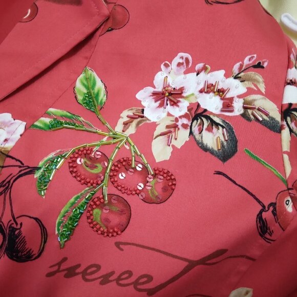 Nancy Bolen City Girl | Red Cherry Print Beaded Blazer Jacket | Size 8 - Picture 5 of 10